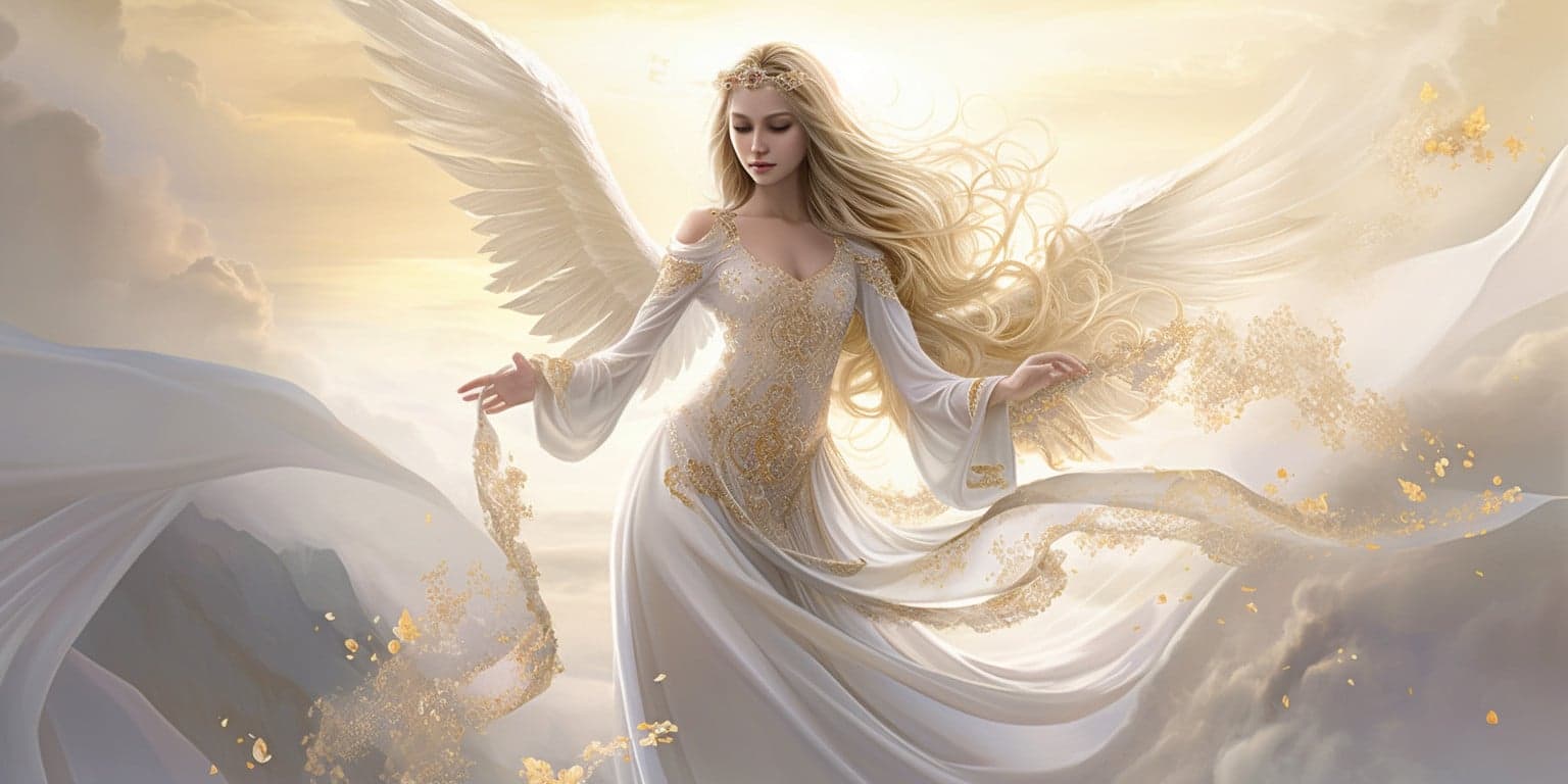 angel_a413-00082 Angel Number 38 - Angel with long blonde hair and a long white dress. She is looking forward, her hair has caught the wind. The sun is coming up in the background.