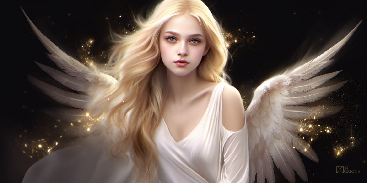 angel_a413-00084 Angel Number 2212 - Angel with blonde hair and a white dress. Her wings are yellow and white.