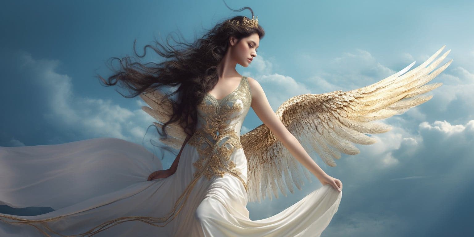 angel_a413-00085 Angel Number 48 - Angel with long black hair and a long white dress. She is looking behind her hair has caught the wind.