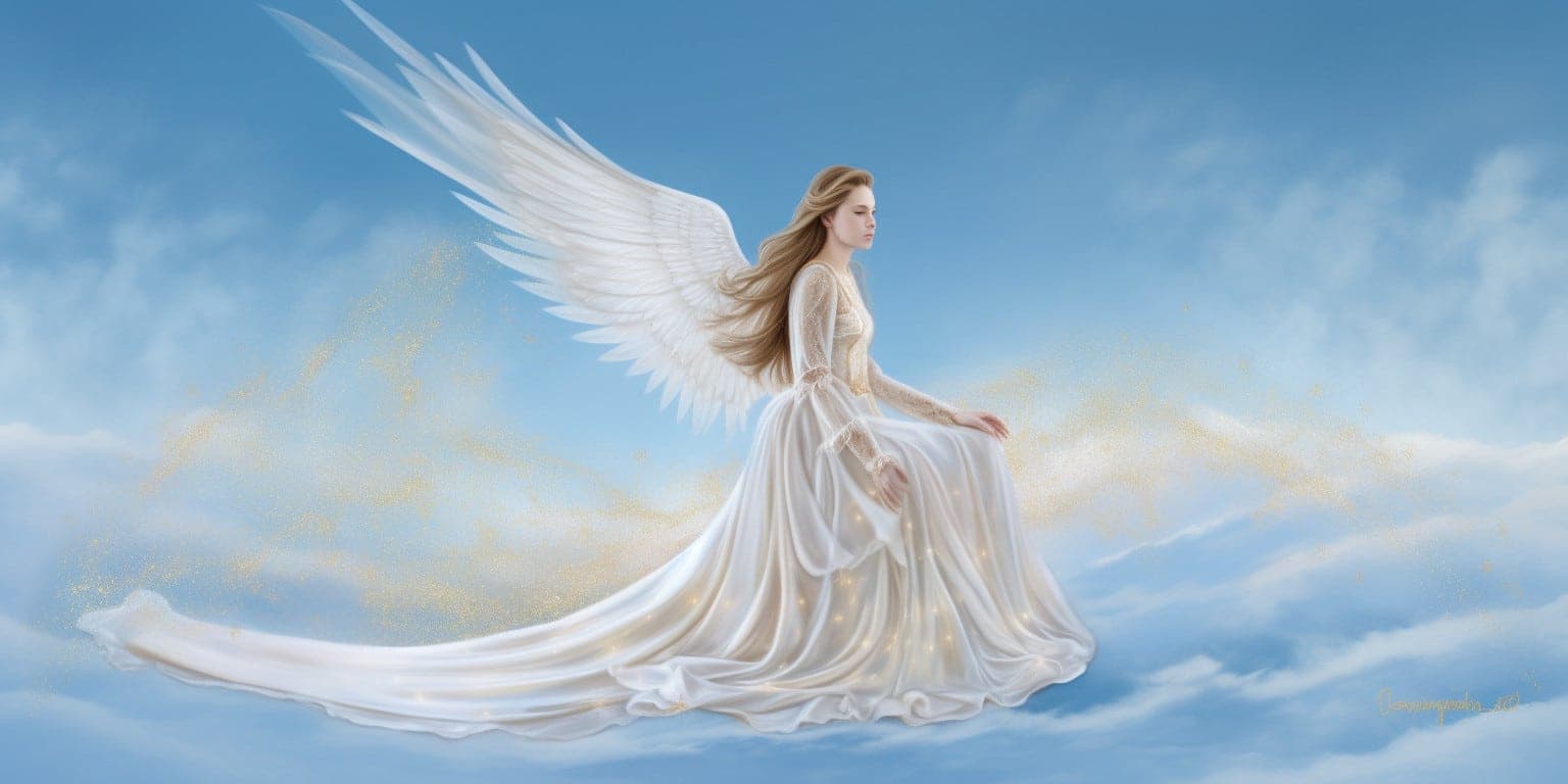 angel_a413-00089 Angel Number 8000 - Angel with long brown hair and a long white dress. It looks like she is walking on the clouds.