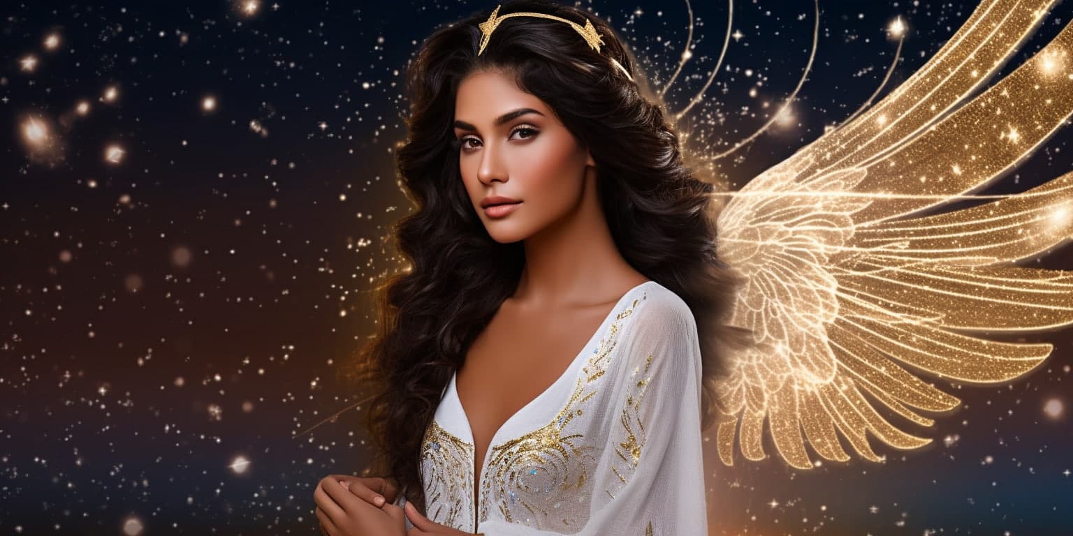 angel_a413-00091 Angel Number 3131 - Angel with long dark hair and a white dress. Her wings are a gold yellow light.