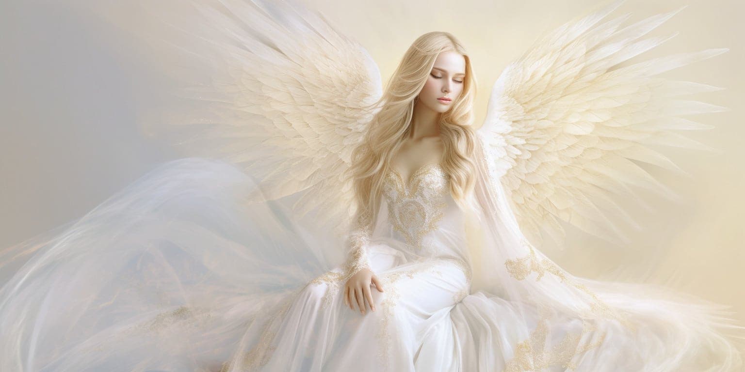 angel_a413-00094 Angel Number 1133 - Angel with long blonde hair and a white dress. Her wings are white.