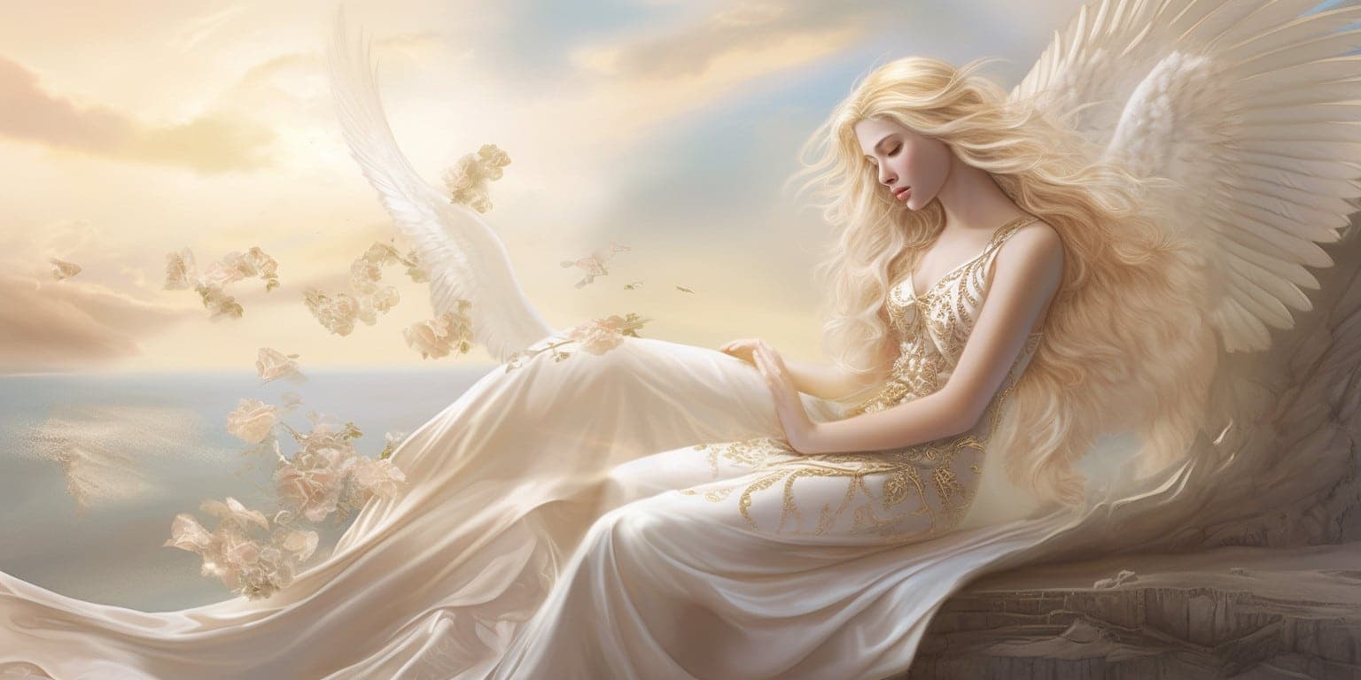 angel_a413-00096 Angel Number 2221 - Angel with blonde hair and a white dress. Her wings are pure white.