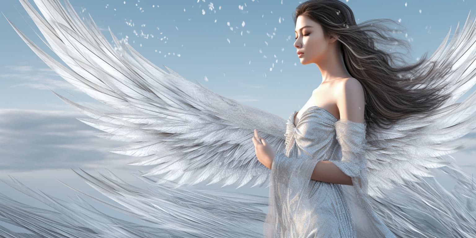 angel_a413-00099 Angel Number 7000 - Angel with long black hair and a long white dress. Wings are large with distinct feathers.