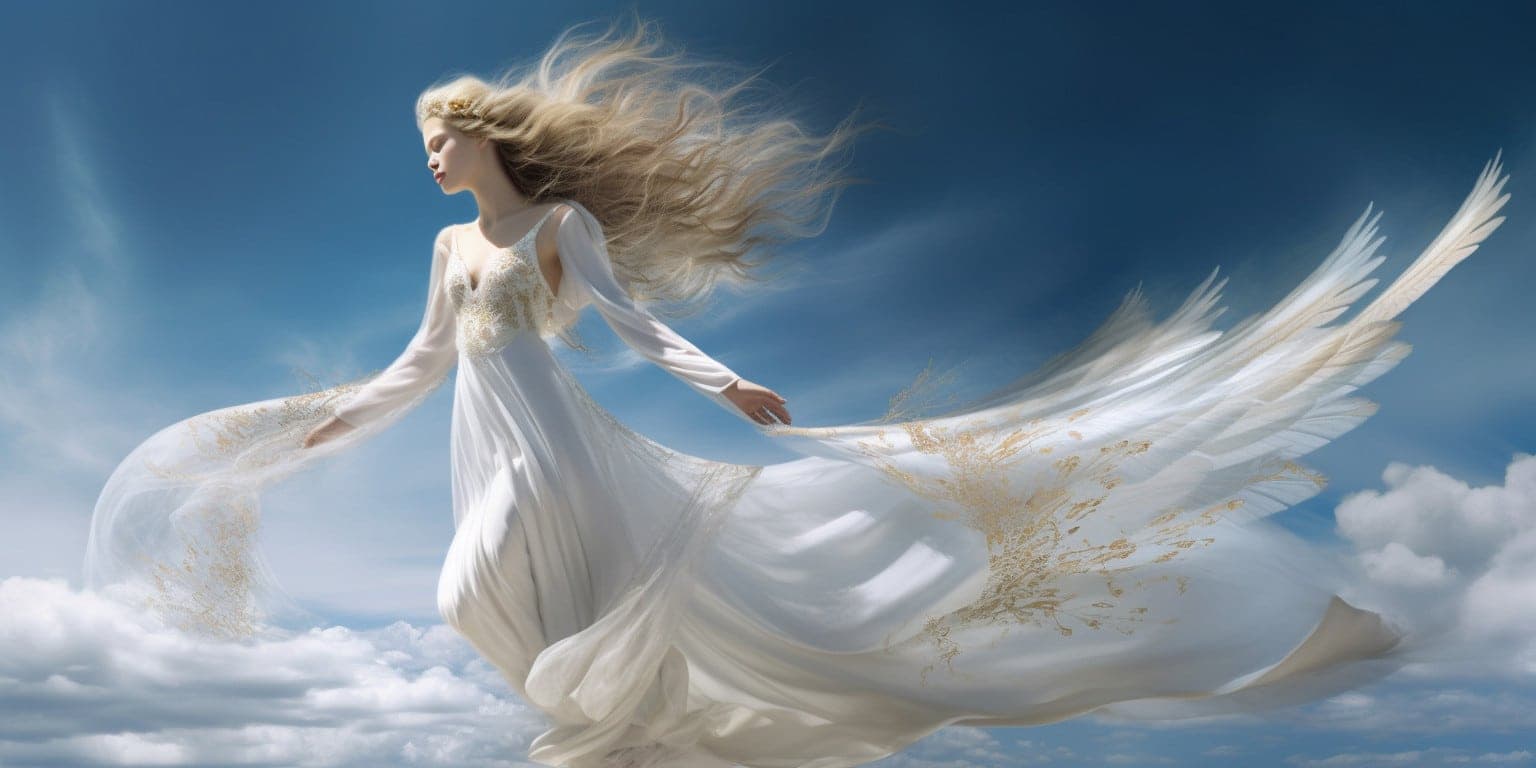 angel_a413-00101 Angel Number 6000 - Angel with long hair and a long white dress with yellow on the edges.