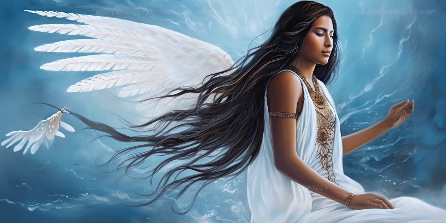 angel_a413-00103 Angel Number 58 - Angel with long black hair and a long white dress. She is looking behind her hair has caught the wind.