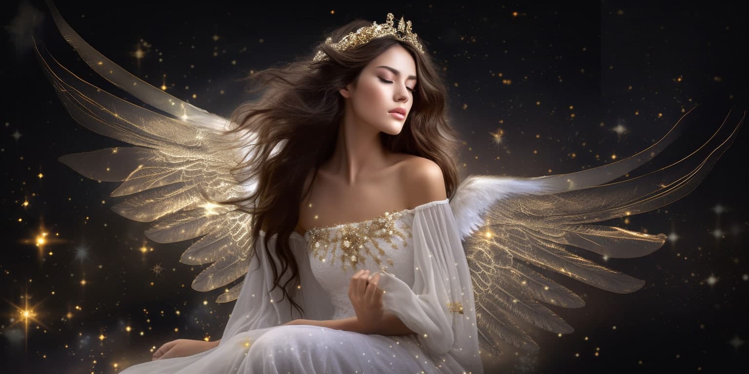angel_a413-00105 Angel Number 3113 - Angel with long dark hair and a white dress. Her wings are white and yellow light.