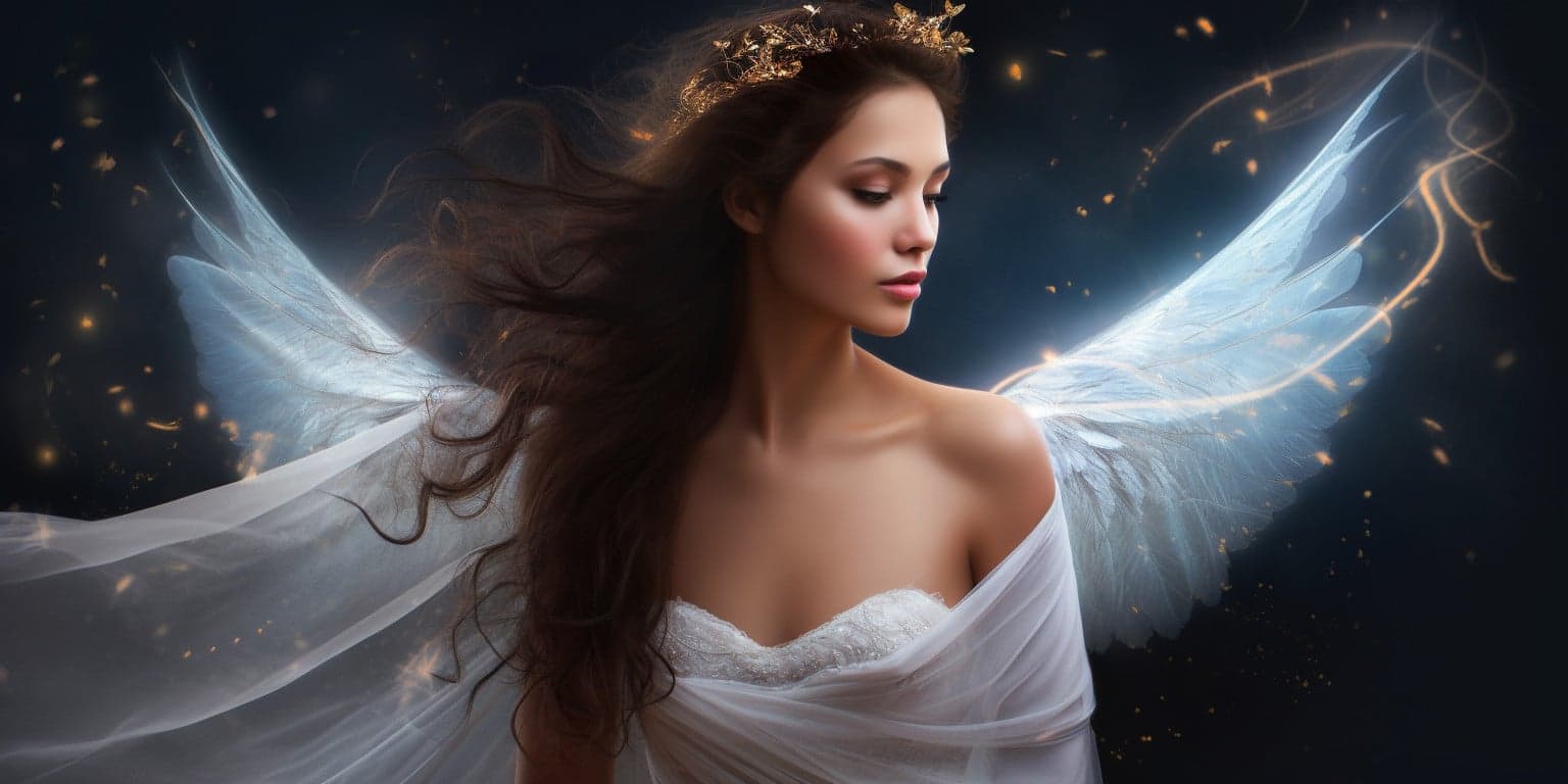 angel_a413-00106 Angel Number 3111 - Angel with long dark hair and a white dress. Her wings are pure white.