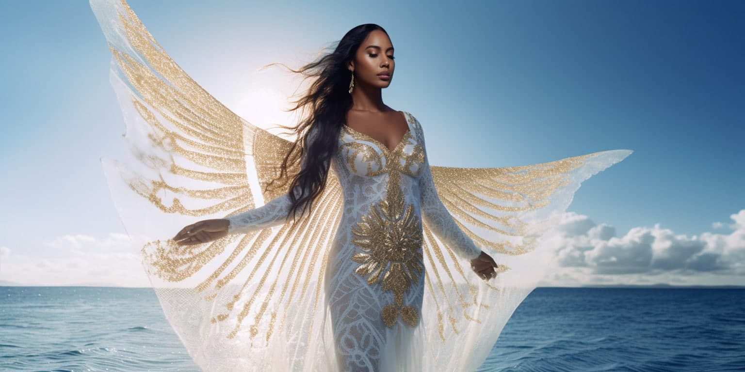angel_a413-00107 Angel Number 1333 - Angel with long dark hair and a white dress. Her wings are pure white with yellow flecks through them. The dress has gold patterns.