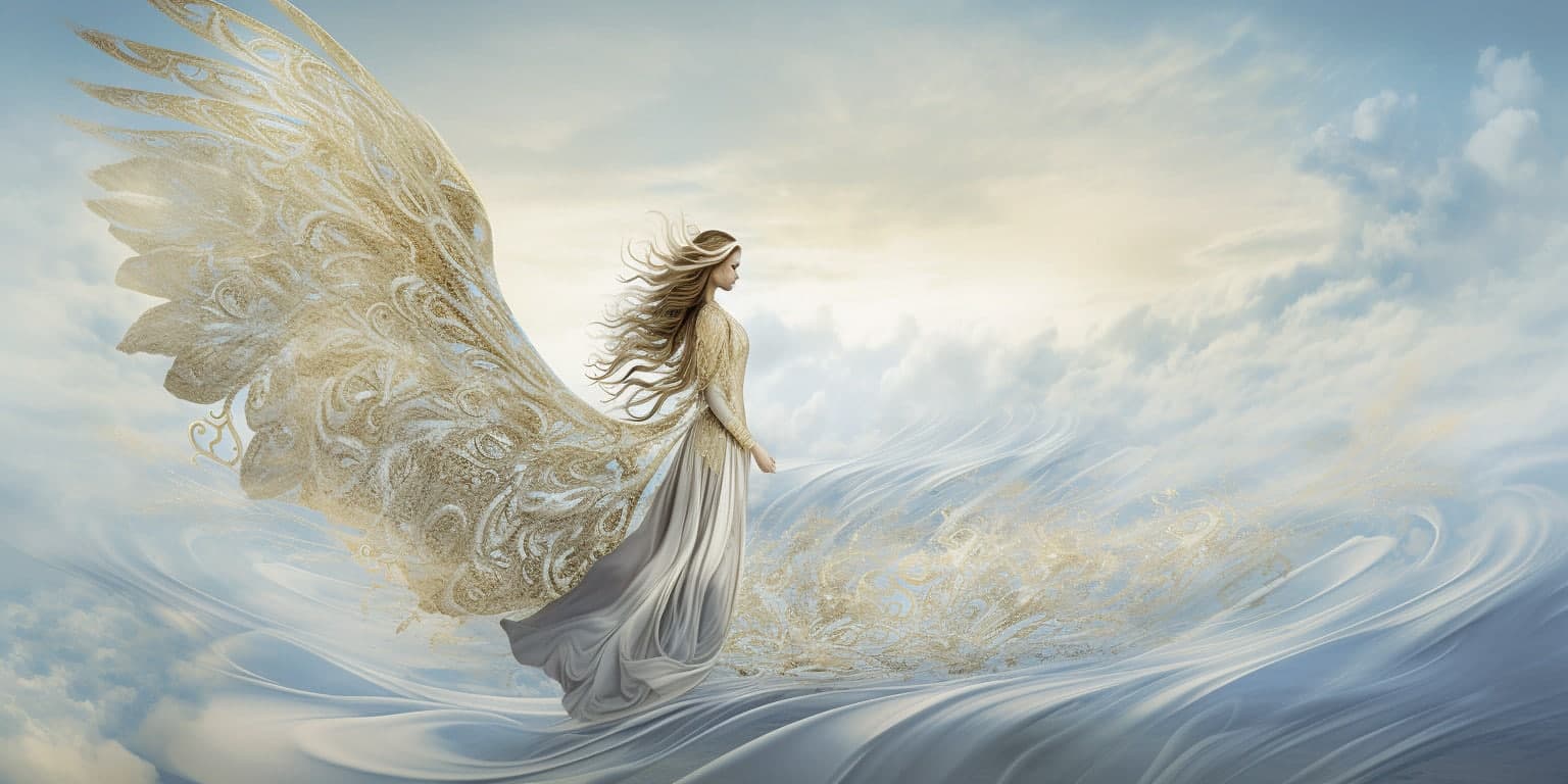angel_a413-00110 Angel Number 5000 - Angel with long hair and a long white dress with yellow on the edges. Large yellow wings.