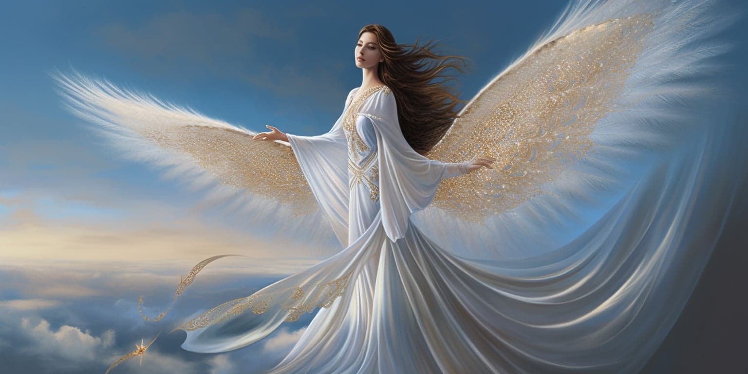 angel_a413-00113 Angel Number 0 - Angel with long dark hair and a white dress. Her wings are golden yellow.
