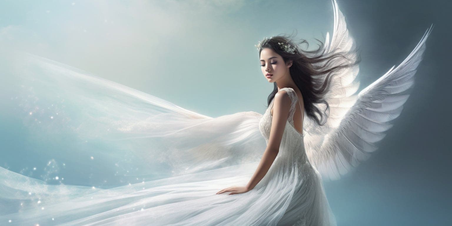 angel_a413-00116 Angel Number 68 - Angel with long black hair and a long white dress. She is looking behind her hair has caught the wind.