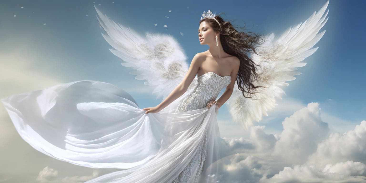 angel_a413-00124 Angel Number 00 - Angel with long dark hair and a white dress. Her wings are pure white.