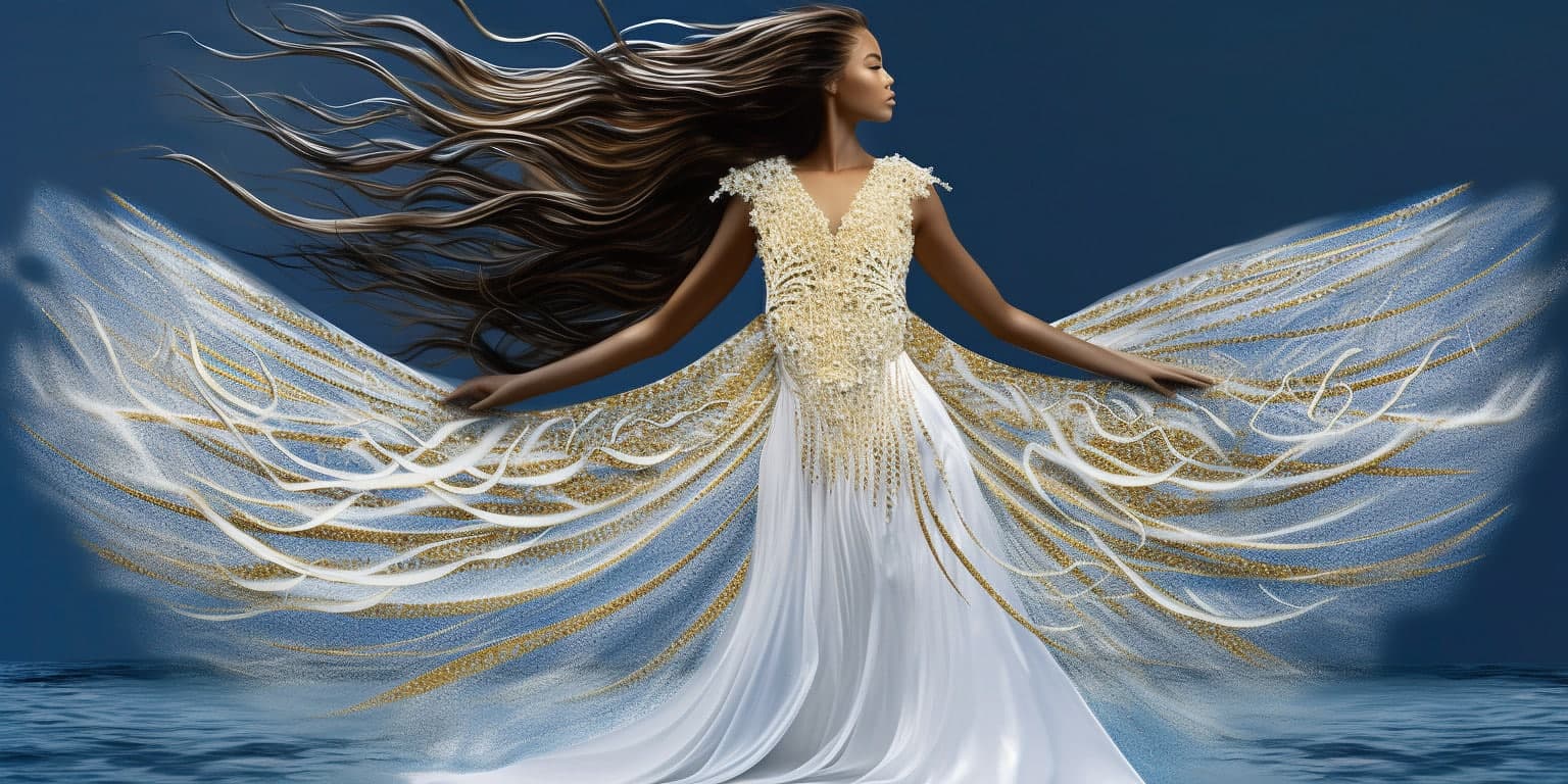 angel_a413-00126 Angel Number 98 - Angel with long black hair and a long white dress with yellow on the sides.