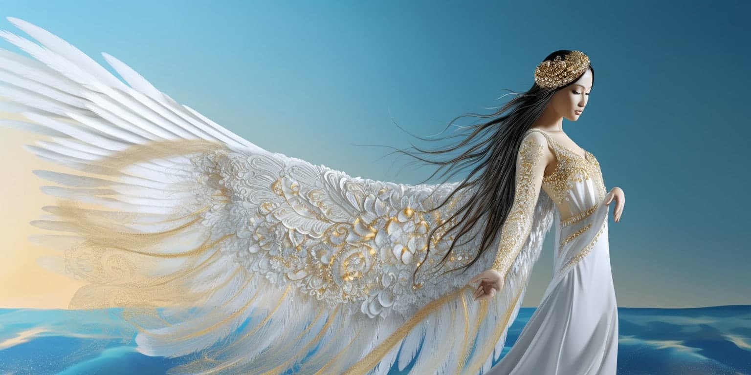 angel_a413-00131 Angel Number 1000 - Angel with long dark hair and a long white dress with yellow and Gold patterns.