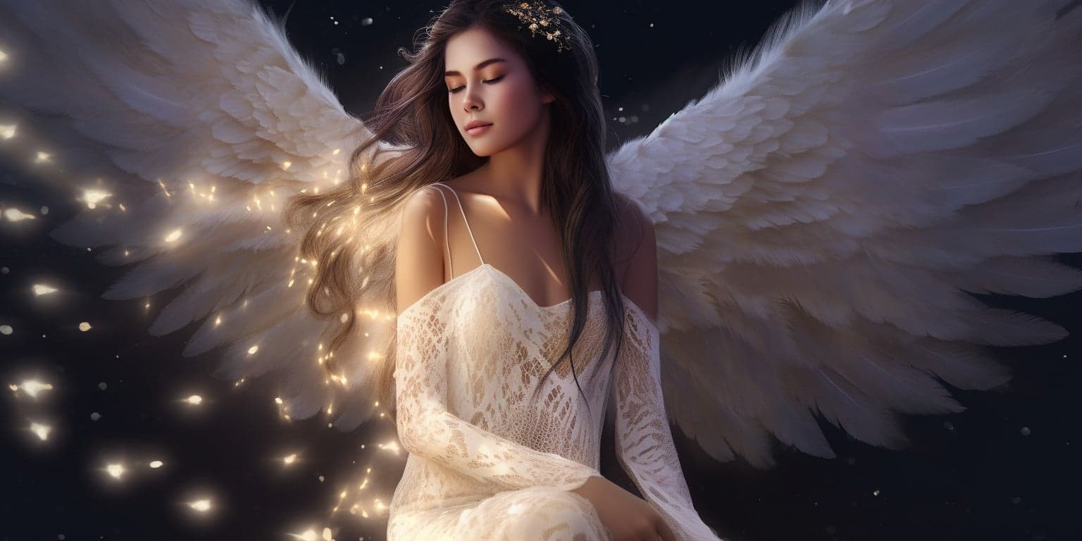 angel_a413-00158 Angel Number 4144 - Angel with long dark hair and a white dress. Her wings are golden yellow and white.