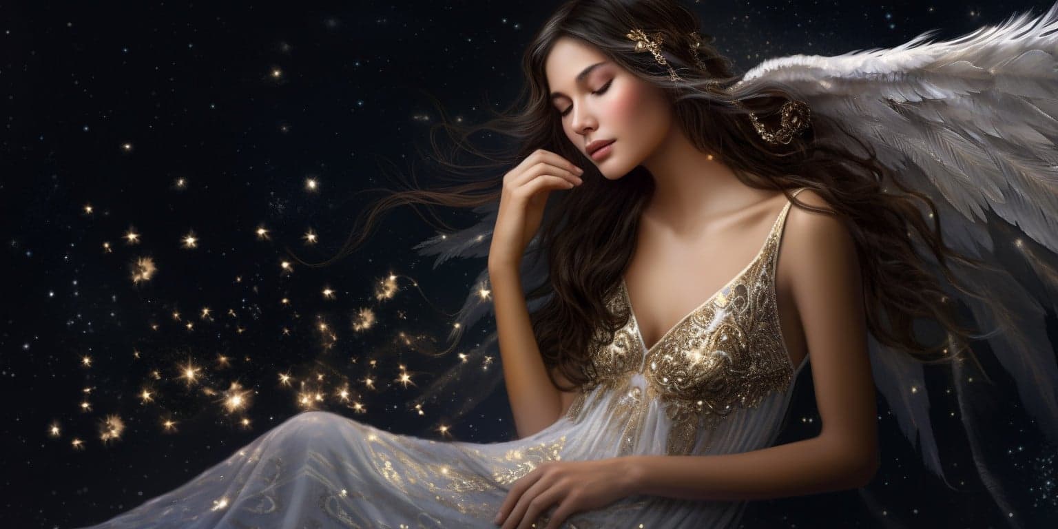angel_a413-00169 Angel Number 4114 - Angel with long dark hair and a white dress. Her wings are golden yellow and white.