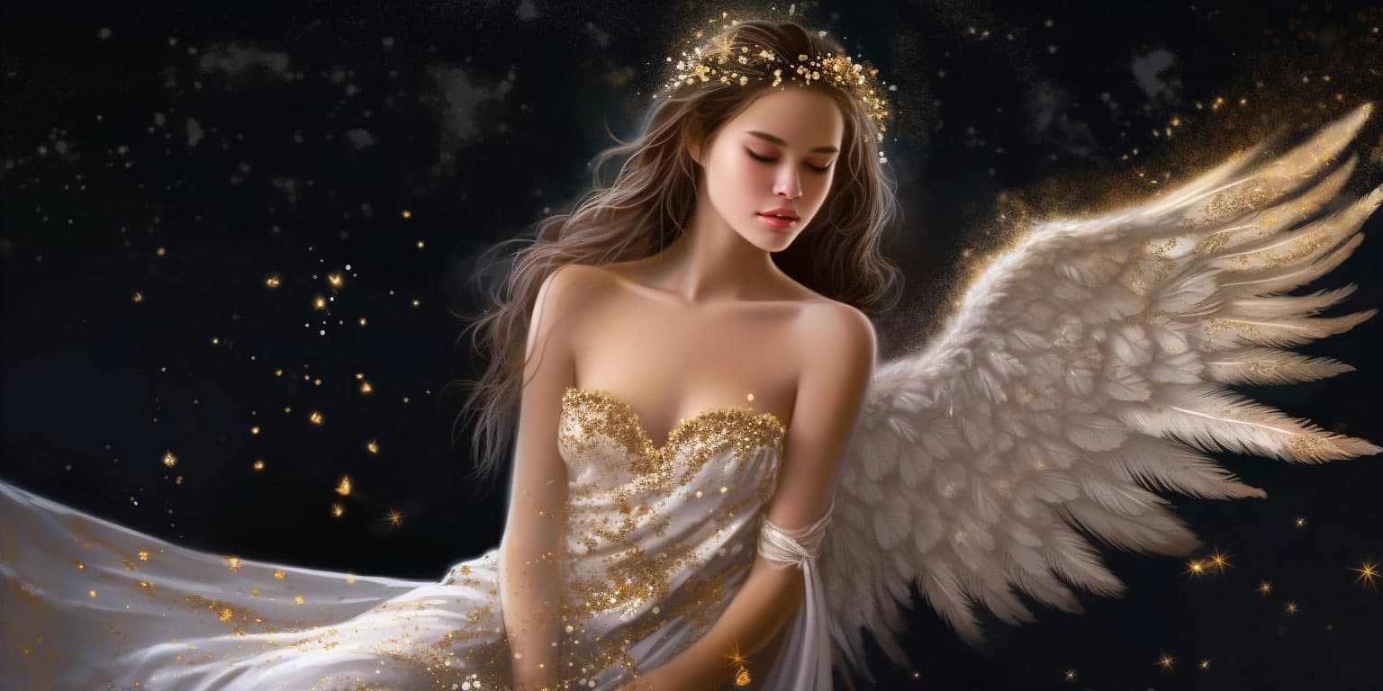 angel_a413-00174 Angel Number 4111 - Angel with long dark hair and a white dress. Her wings are golden yellow and white.