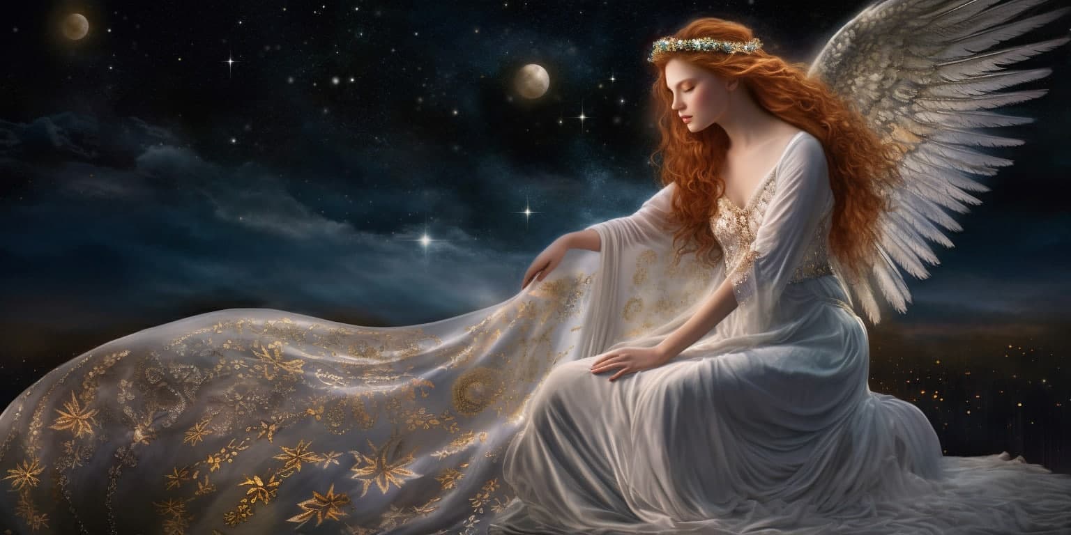 angel_a413-00177 Angel Number 1444 - Angel with long brunette hair and a white dress. Her wings are golden yellow and white.