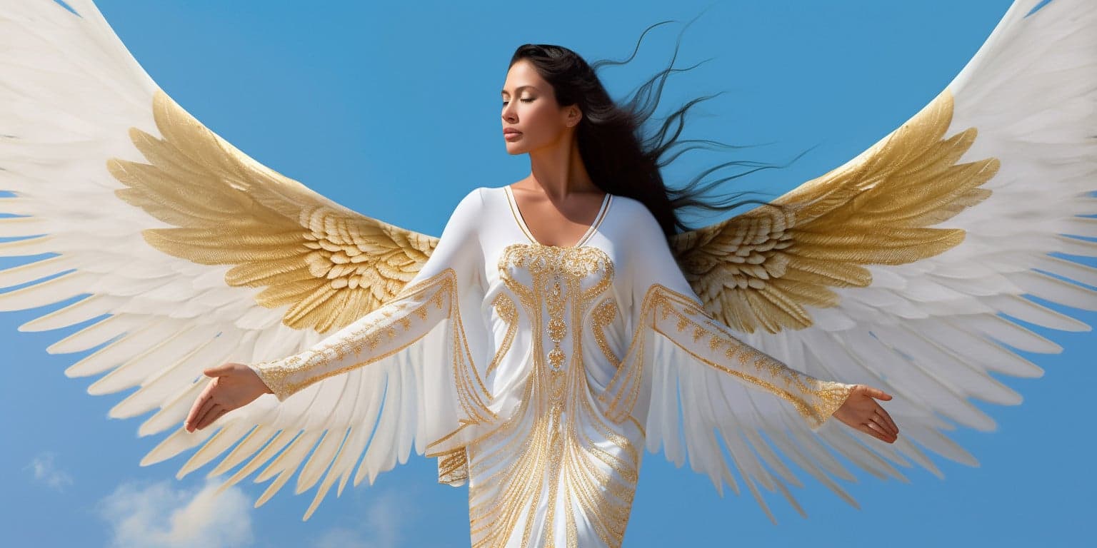 angel_a413-00188 Angel Number 77777 - Angel with long dark hair and a white dress. Her wings are white and golden yellow.
