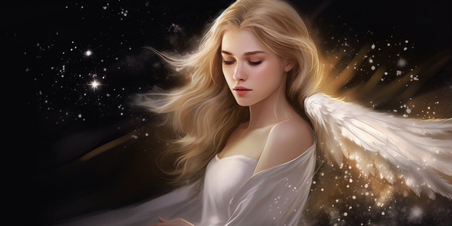angel_a413-00191 Angel Number 1411 - Angel with long blonde hair and a white dress. Her wings are golden yellow and white.