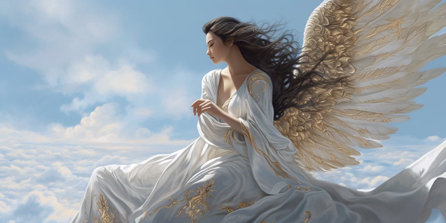 angel_a413-00193 Angel Number 99999 - Angel with long dark hair and a white dress. Her wings are golden yellow and white.