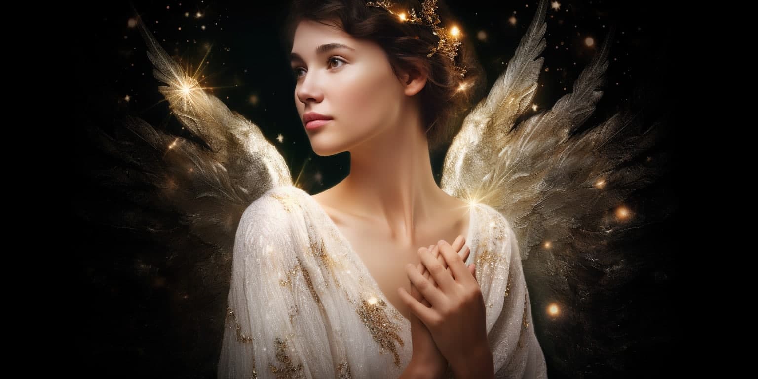 angel_a413-00196 Angel Number 1144 - Angel with short dark hair and a white dress. Her wings are golden yellow and white.