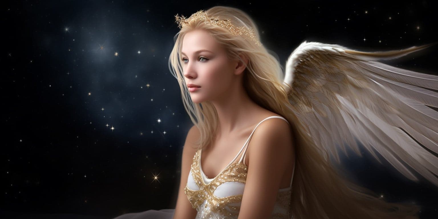 angel_a413-00051 Angel Number 1171 - Angel with long blonde hair and a white dress. Her wings are white with stars around her.