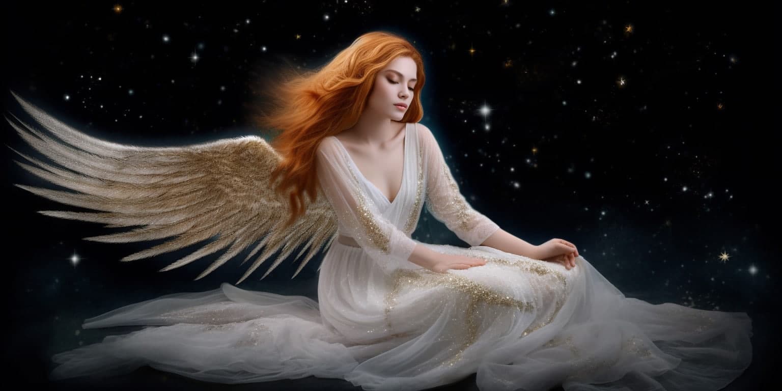 angel_a413-00102 Angel Number 1711 - Angel with long brunette hair and a white dress. Her wings are white with stars around her.