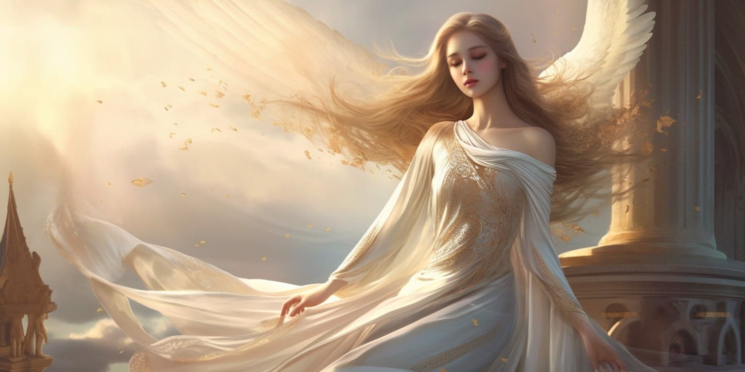 angel_a413-00118 Angel Number 5551 - Angel with long blonde hair and a white dress. Her wings are golden yellow and white.