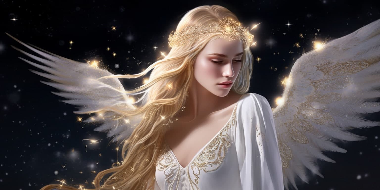 angel_a413-00129 Angel Number 333333 - Angel with long blonde hair and a white dress. Her wings are golden yellow and white.