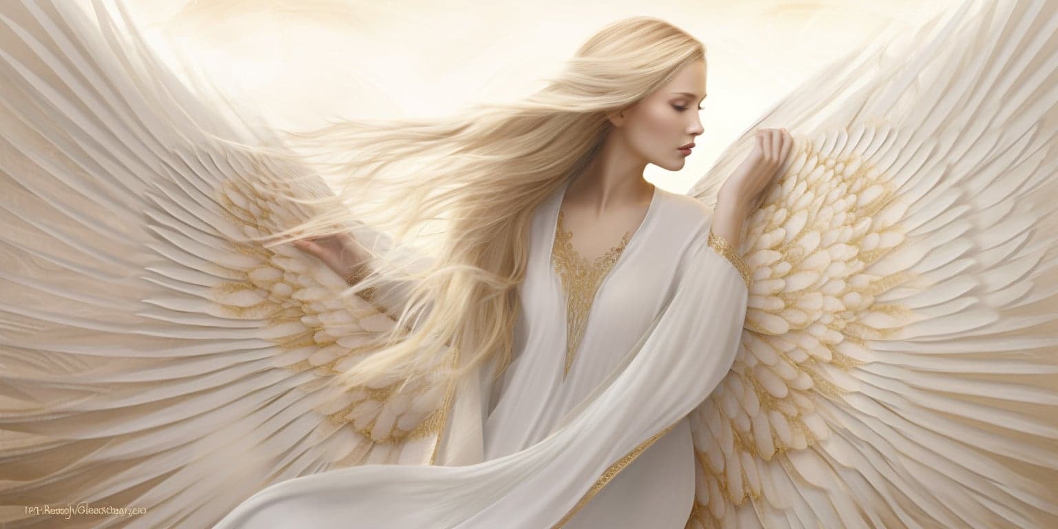 angel_a413-00134 Angel Number 6166 - Angel with long blonde hair and a white dress. Her wings are a soft white and gold.
