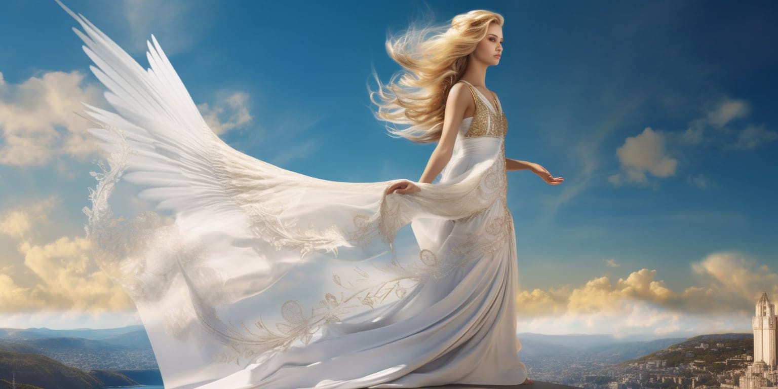angel_a413-00142 Angel Number 5511 - Angel with long lighter hair and a white dress. Her wings are pure white with a little bit of yellow.