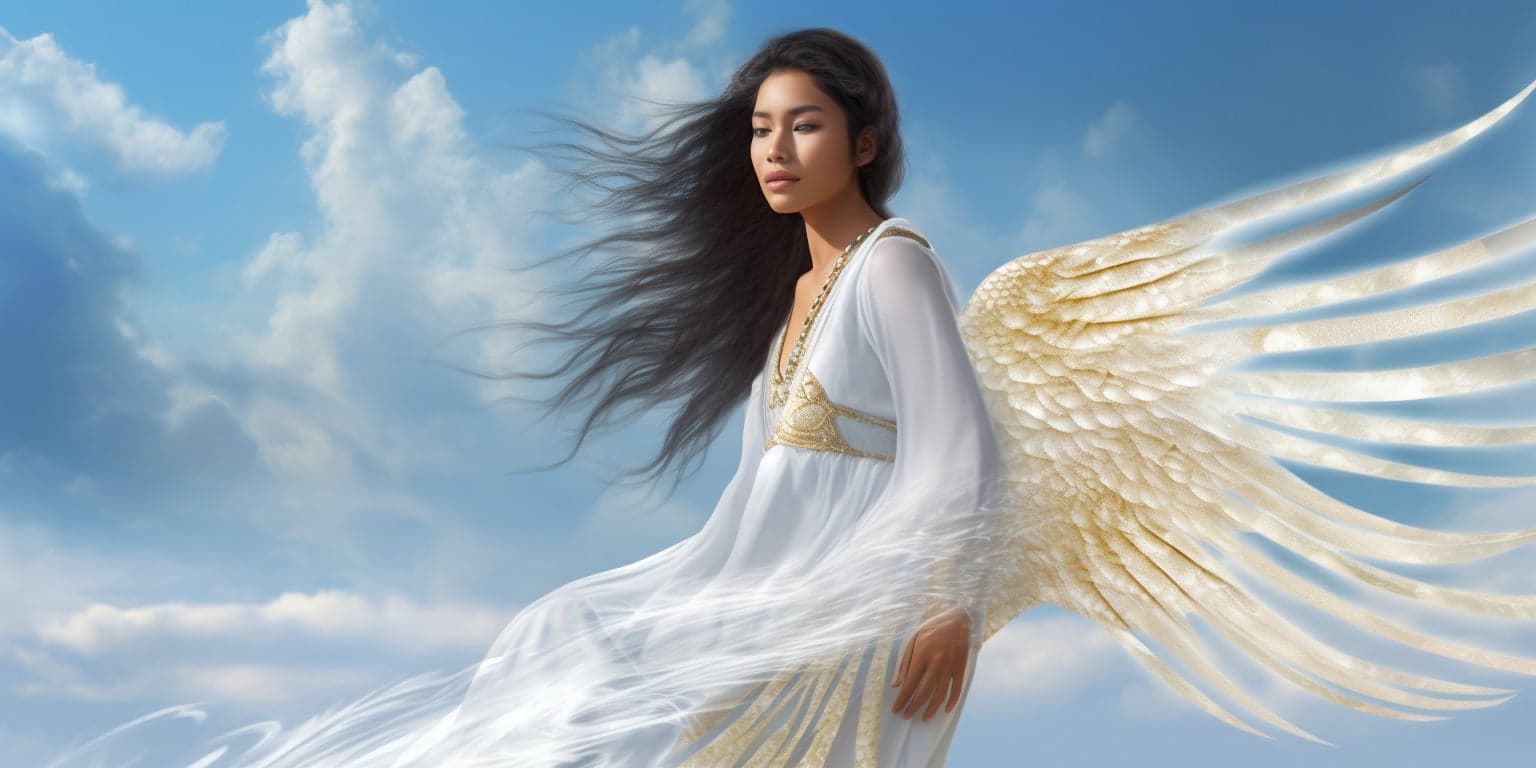 angel_a413-00146 Angel Number 5155 - Angel with long dark hair and a white dress. Her wings are yellow and white.