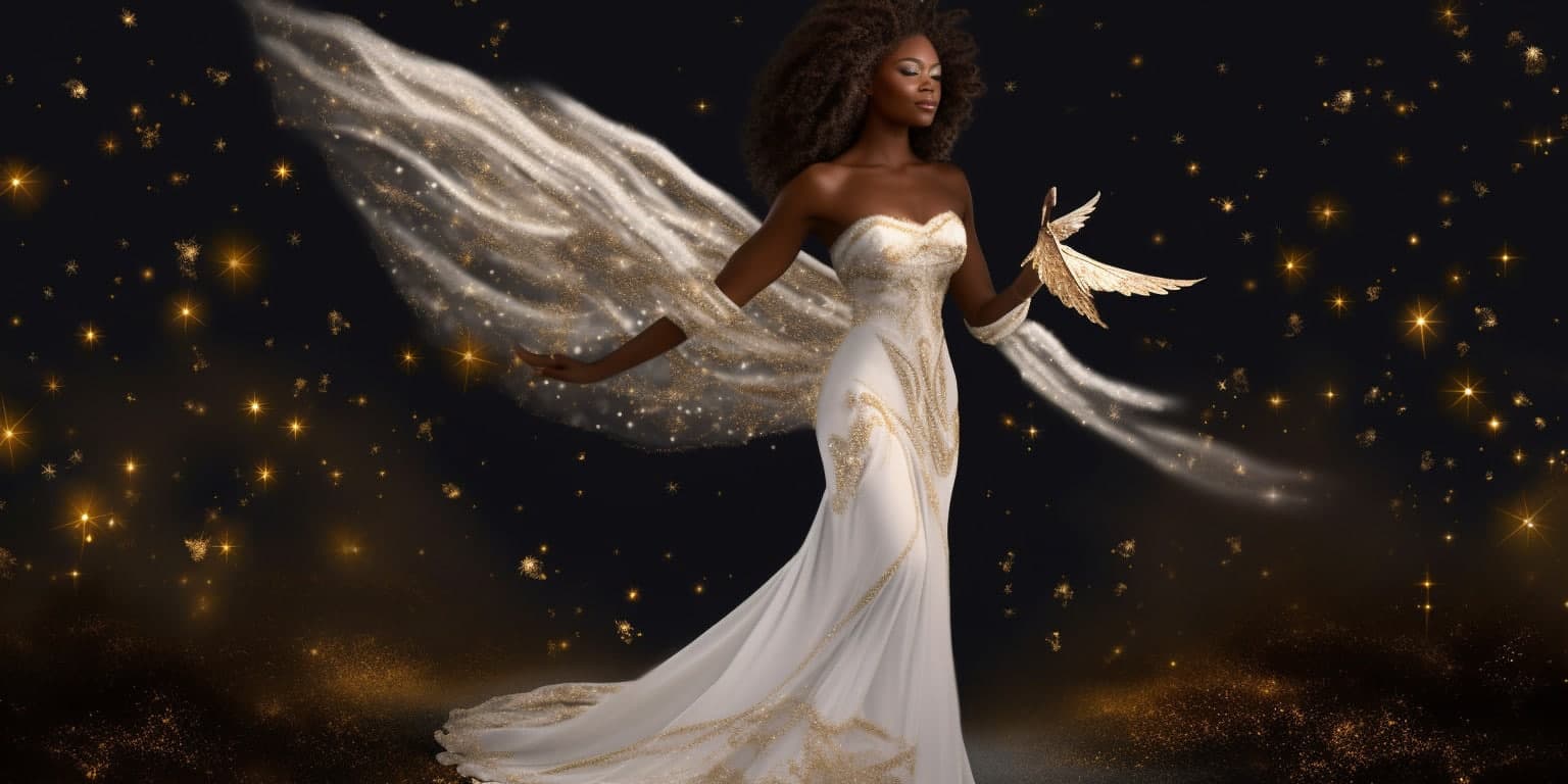 angel_a413-00147 Angel Number 7711 - Angel with short black hair and a white dress. Her wings are white and gold with stars around her.