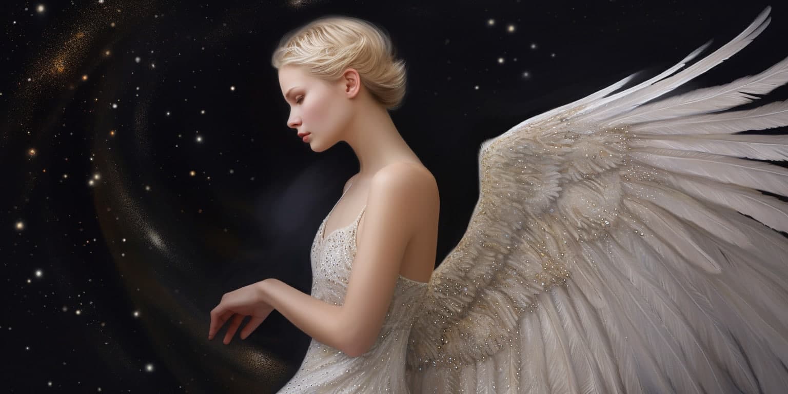 angel_a413-00149 Angel Number 777777 - Angel with short blonde hair and a white dress. Her wings are golden yellow and white.