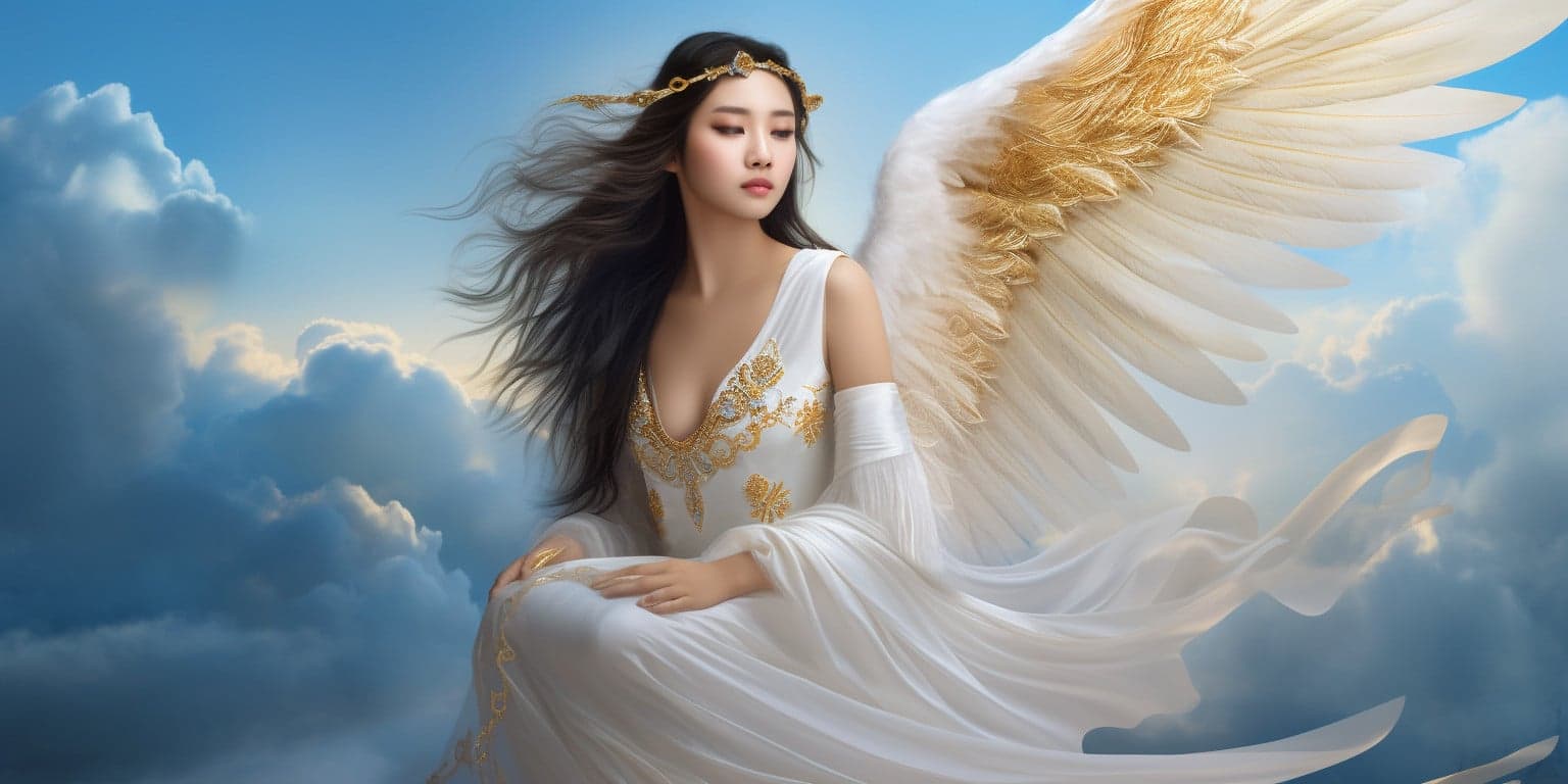 angel_a413-00152 Angel Number 5115 - Angel with long dark hair and a white dress. Her wings are white and yellow.
