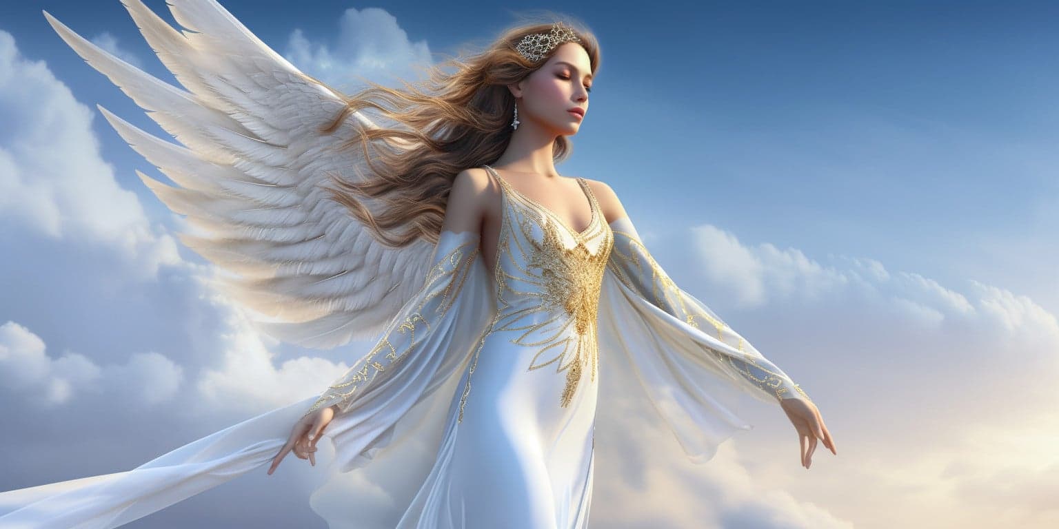 angel_a413-00154 Angel Number 1555 - Angel with long hair and a white dress. Her wings are white and yellow.