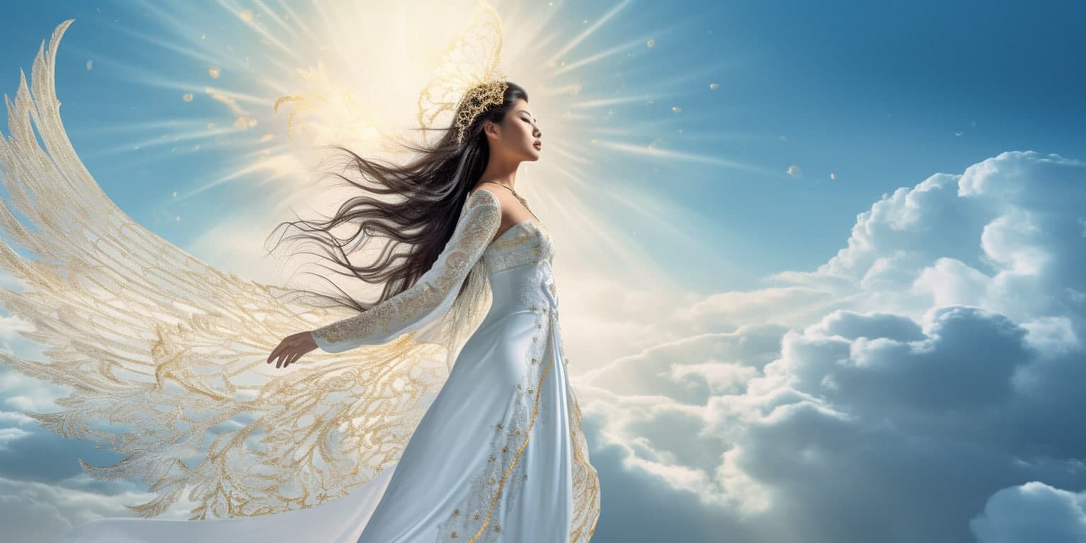angel_a413-00159 Angel Number 1551 - Angel with long hair and a white dress. Her wings are white and yellow.