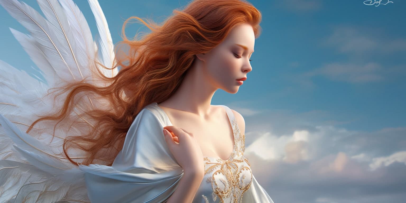 angel_a413-00161 Angel Number 1515 - Angel with long brunette hair and a white dress. Her wings are pure white.