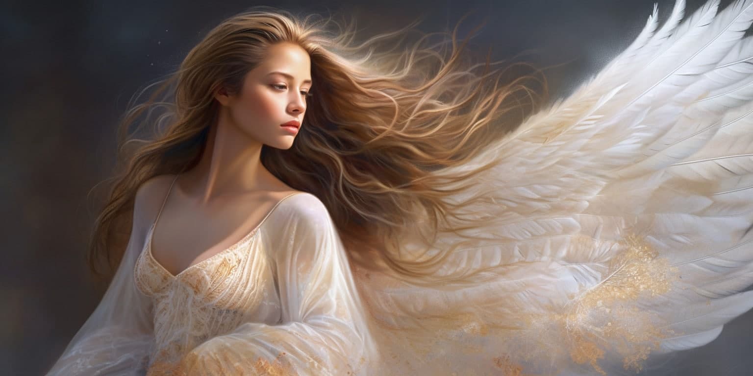 angel_a413-00162 Angel Number 888888 - Angel with long brown hair and a white dress. Her wings are golden yellow and white.