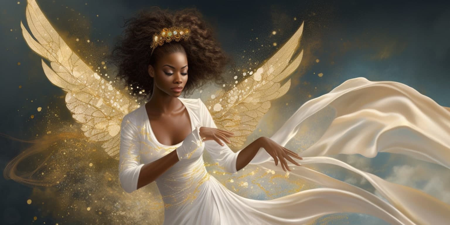 angel_a413-00166 Angel Number 1666 - Angel with black hair and a white dress. Her wings are golden.