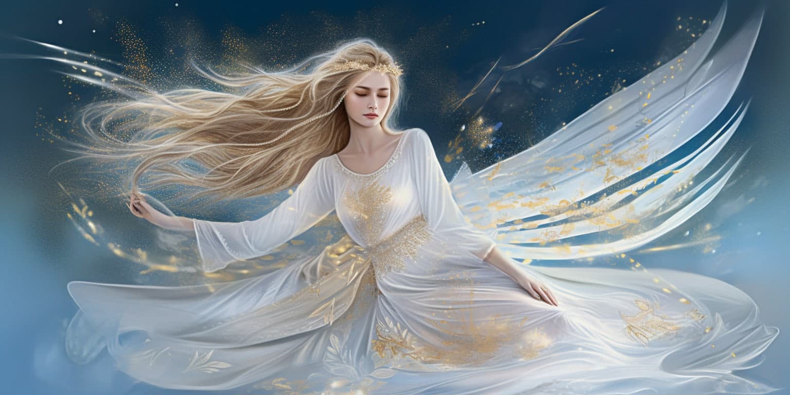 angel_a413-00168 Angel Number 1511 - Angel with long blonde hair and a white dress. Her wings are white and yellow.