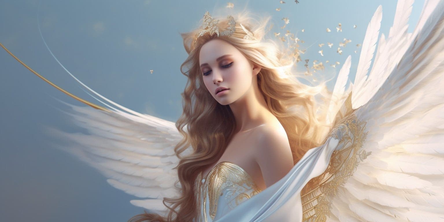 angel_a413-00176 Angel Number 1155 - Angel with long blonde hair and a white dress. Her wings are white and yellow.