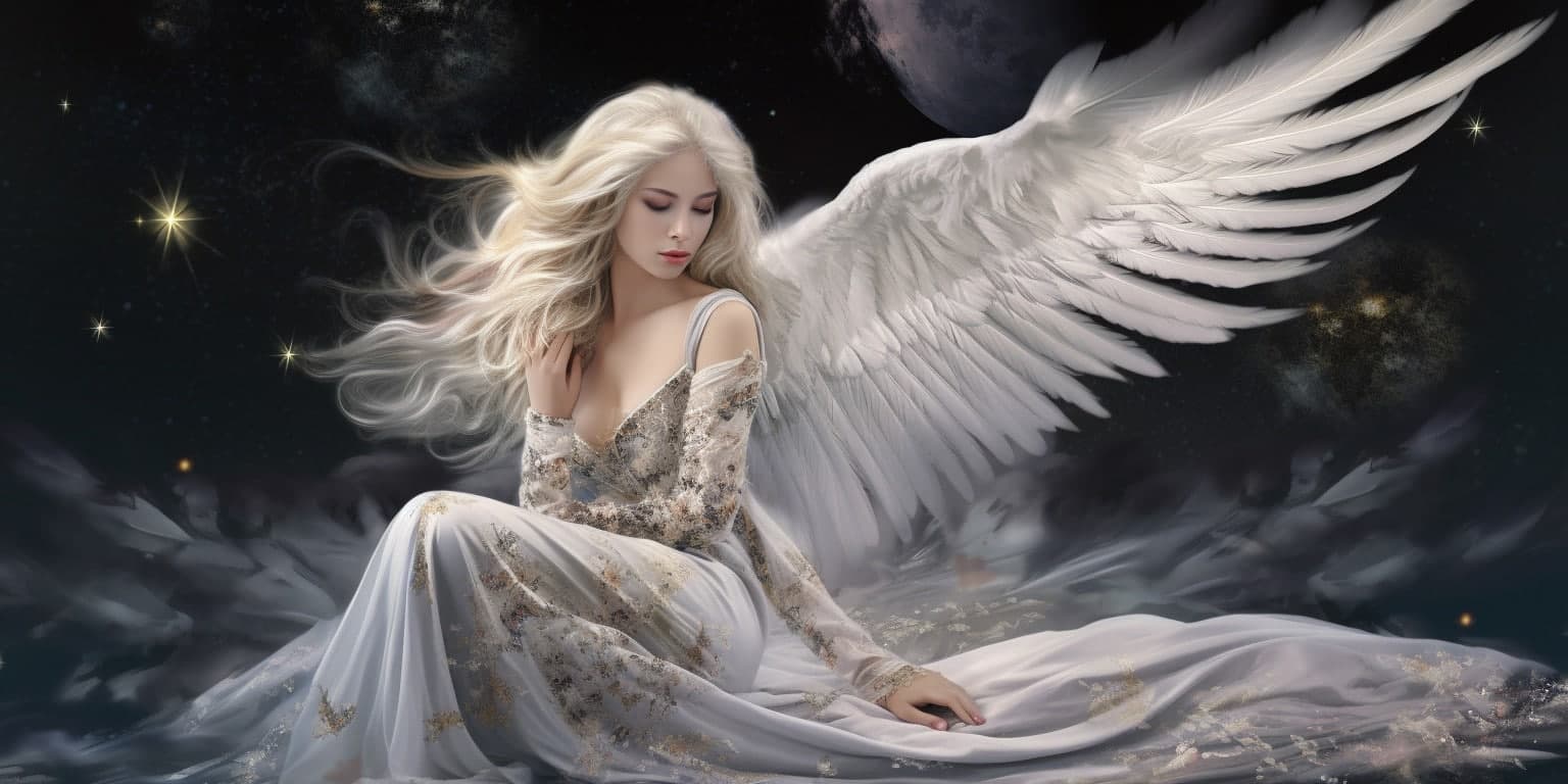angel_a413-00178 Angel Number 1661 - Angel with long white blonde hair and a white dress. Her wings are white with golden specs of light.
