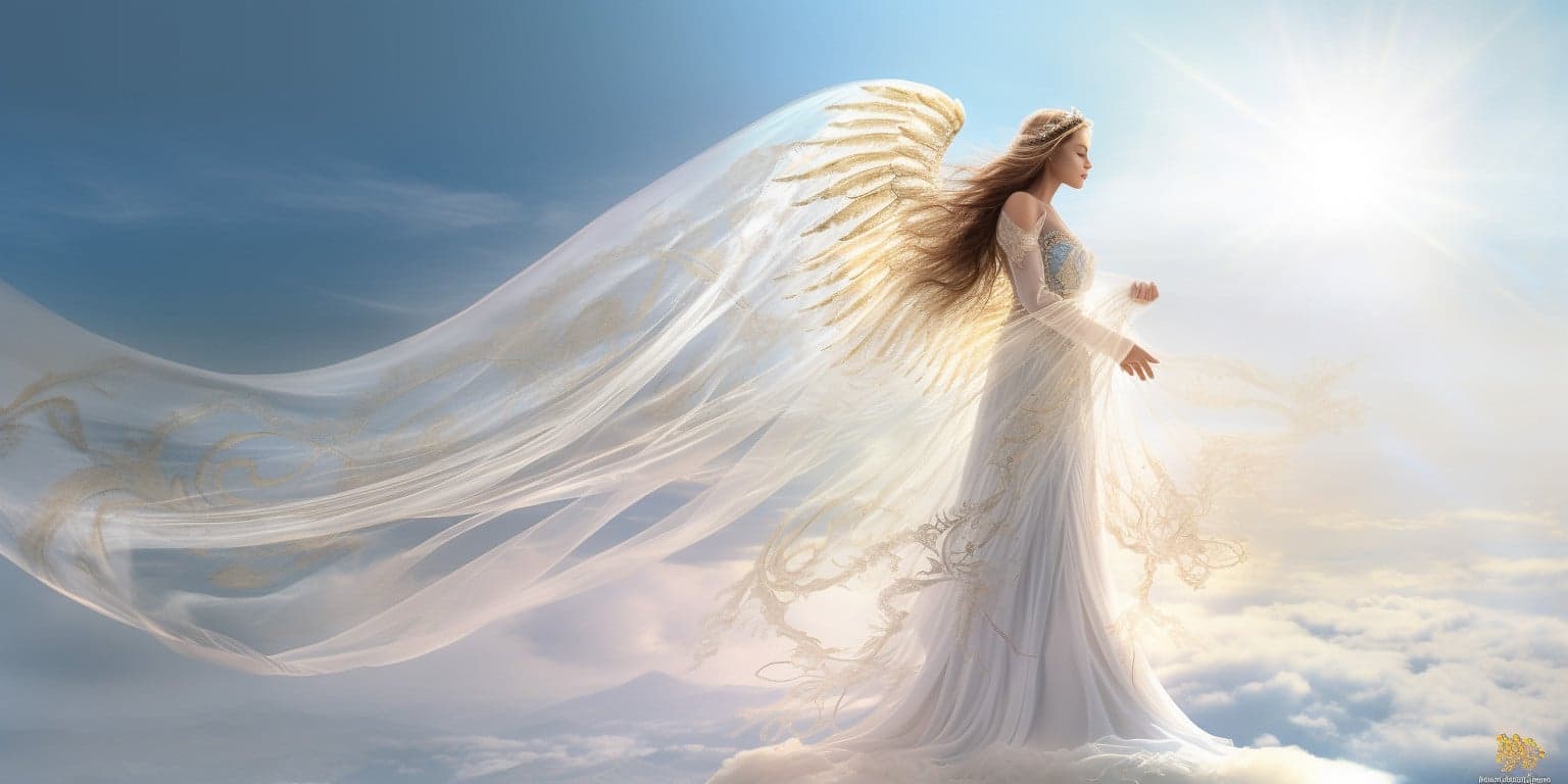 angel_a413-00189 Angel Number 1151 - Angel with long hair and a white dress. Her wings are white and yellow.