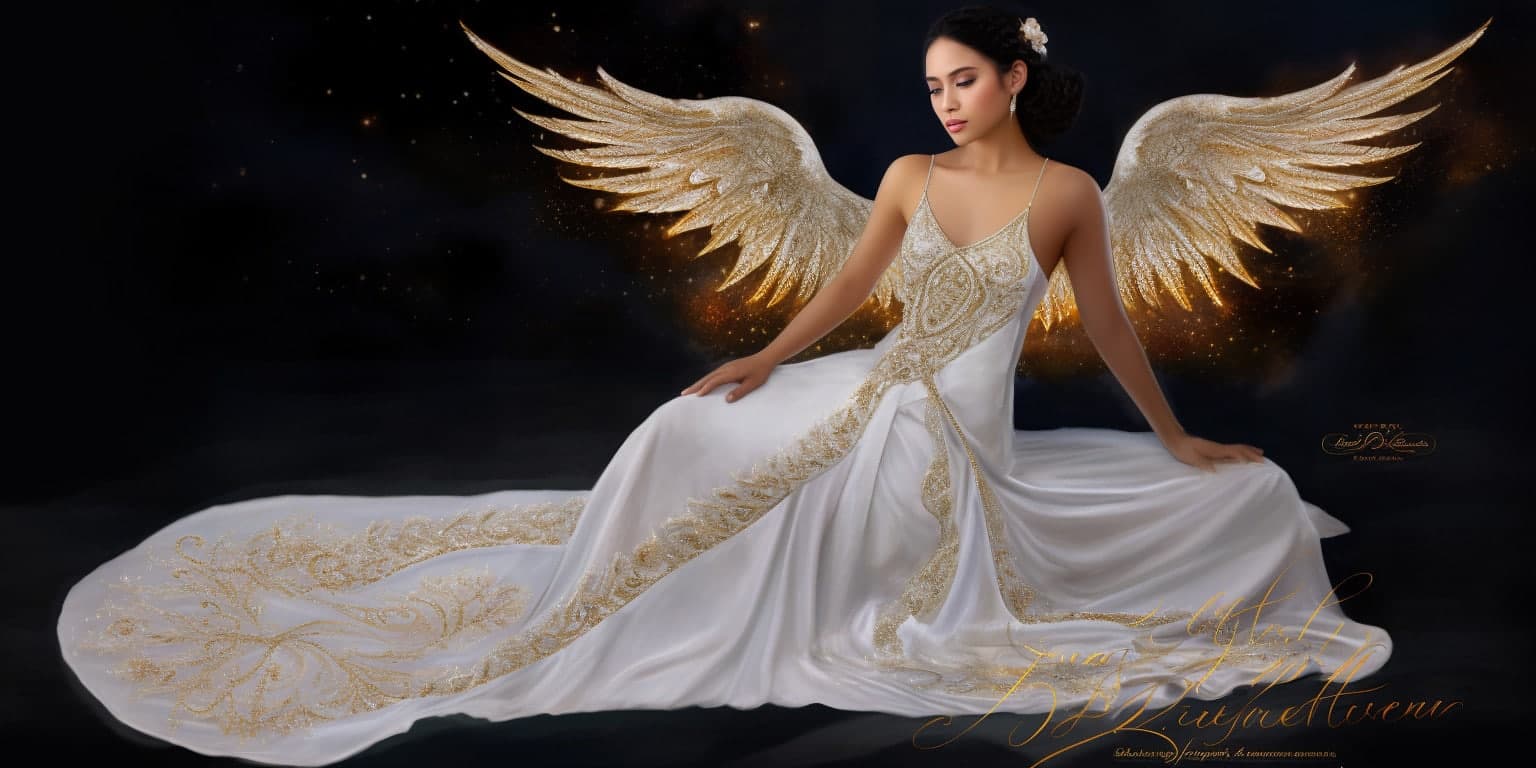 angel_a413-00195 Angel Number 1611 - Angel with long hair and a white dress. Her wings are white with golden specs.