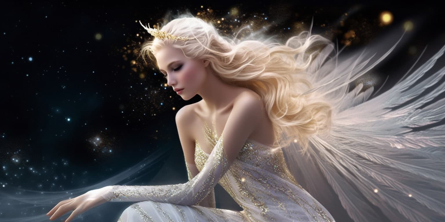 angel_a413-00198 Angel Number 1166 - Angel with long blonde hair and a white dress. Her wings are white with golden specs.