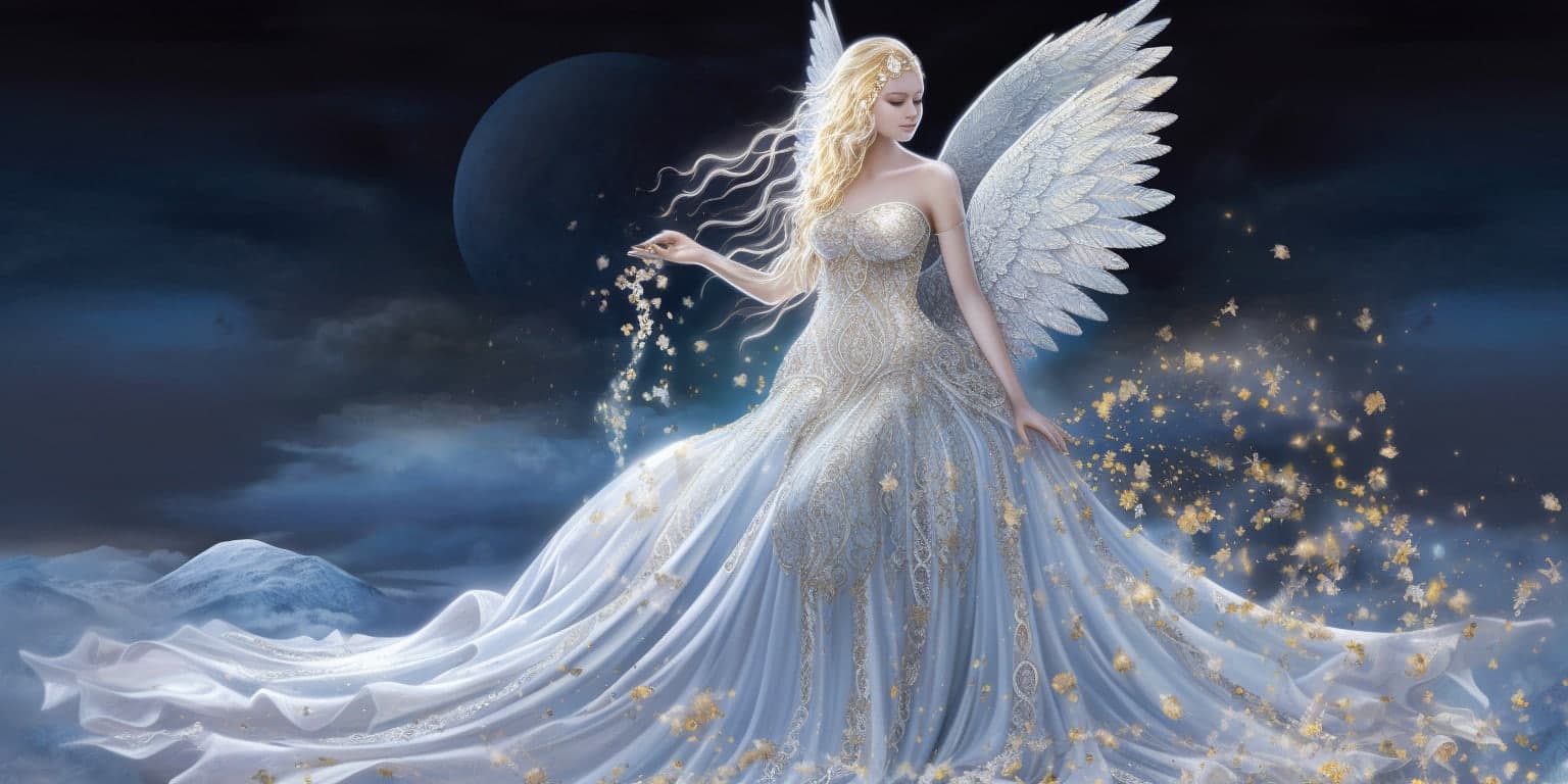 angel_a413-00216 Angel Number 1161 - Angel with long blonde hair and a white dress. Her wings are white with golden specs around her.
