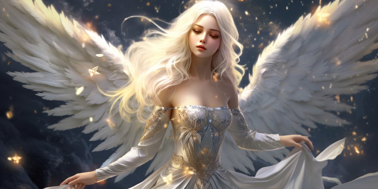angel_a619-0366 Angel Number 332 - Angel with long white blonde hair and a silver white dress.